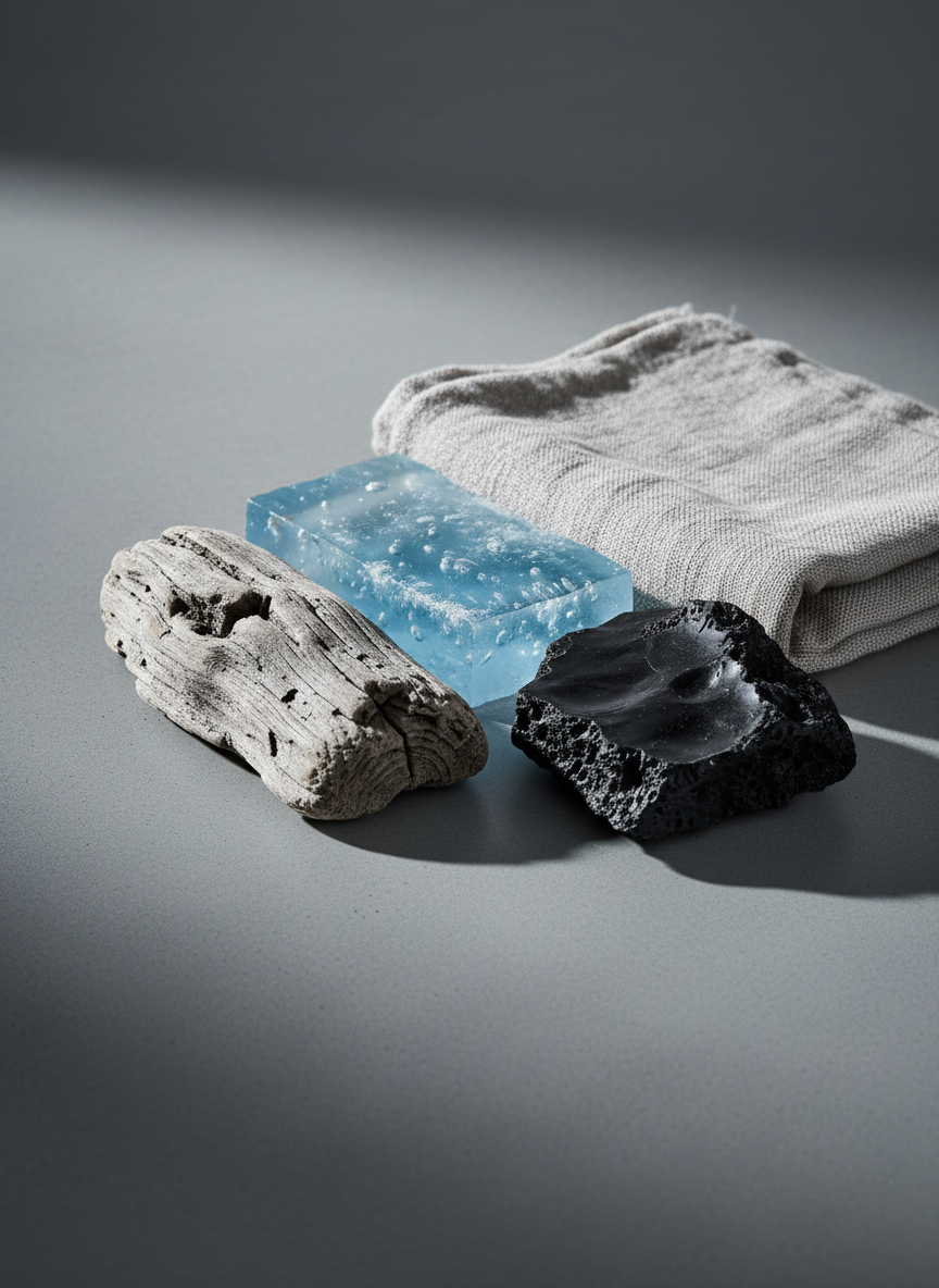 A close-up photographic study of textured Nordic materials used in contemporary installations: a fragment of rough, weathered driftwood with silver-grey tones, a slab of translucent ice-like resin, a folded piece of coarse undyed linen, and a shard of glossy black volcanic rock, all arranged on a smooth, cool-grey concrete surface. Soft, diffused north light falls diagonally across the composition, bringing out subtle surface details, pores, and fibers while casting delicate, overlapping shadows. The mood is tactile, analytical, and quietly poetic. Shot from a slightly elevated, near-macro perspective with shallow depth of field, focusing sharply on the meeting point of materials. The overall style is minimalist photographic realism, ideal for illustrating material research in Nordic contemporary art.