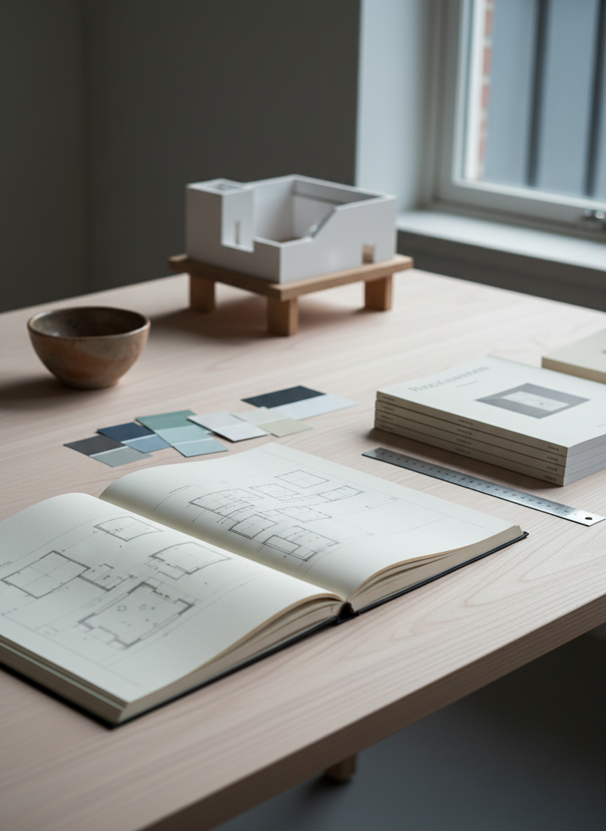 A carefully curated desk scene of a Nordic curator’s workspace: a pale ash-wood desk with a smooth satin finish, holding a large open sketchbook filled with small diagrammatic exhibition layouts in precise pencil lines. Nearby lie color swatches in cool, muted palettes, a steel ruler, and neatly stacked exhibition catalogues with elegant spines. In the background, slightly out of focus, a miniature white architectural model of a gallery space sits near a rough ceramic bowl. Cool, diffused afternoon light from a broad window to the right creates a calm, studious atmosphere with soft shadows. Photographic realism, shot from a slightly elevated angle with shallow depth of field, emphasizing the sketchbook while keeping the environment minimalist, intellectual, and sophisticated.