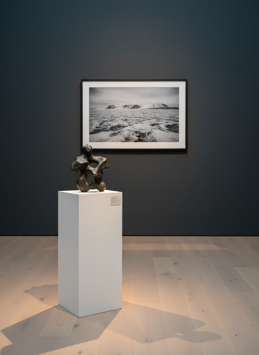 An intimate corner of a Nordic art museum interior, empty of visitors, featuring a single illuminated plinth displaying a small abstract bronze sculpture with a dark, subtly patinated surface. The plinth is crisp white with sharp edges, set on a pale oak floor that reflects a faint sheen. Behind, a deep charcoal-grey wall holds a framed monochrome photograph of an Arctic landscape, slightly blurred to maintain focus on the sculpture. Discreet, warm gallery spotlights from above create precise highlights and controlled shadows, emphasizing form and volume. Photographic realism from an eye-level perspective with a gently off-center composition, using the rule of thirds and moderate depth of field, evoking a quiet, contemplative, and sophisticated exhibition setting.