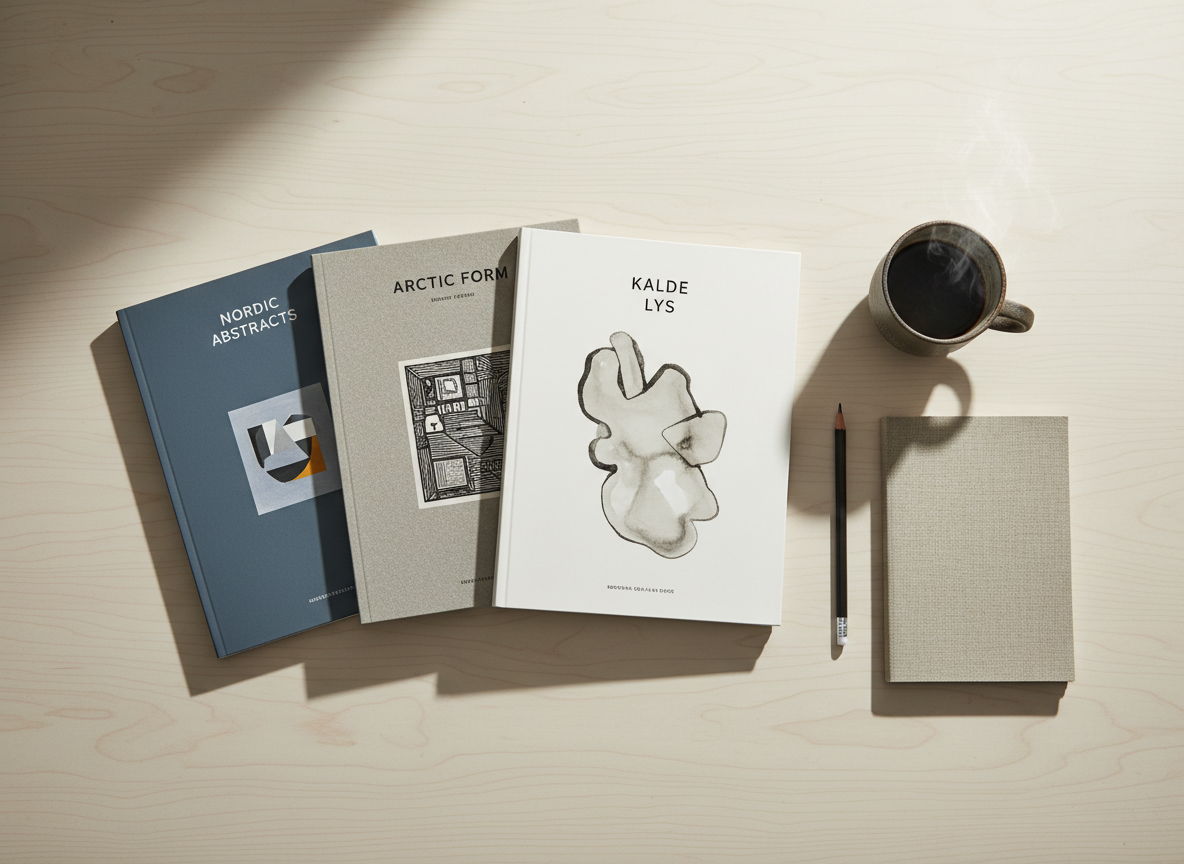 A meticulously arranged flat lay of contemporary Nordic art publications, featuring thick matte-cover journals in muted tones of slate blue, warm grey, and off-white, each with minimalist typographic covers and small abstract artworks. They rest on a pale birch wood tabletop with a subtle grain, beside a graphite pencil, a linen-textured notebook, and a ceramic cup of black coffee. Soft, diffused daylight from an unseen window on the left creates gentle, elongated shadows and delicate highlights on the paper edges. Photographic realism with a clean, modern aesthetic, captured from a perfectly overhead, bird’s-eye perspective with sharp focus throughout, conveying a sophisticated, contemplative atmosphere suited to an independent art journal homepage.