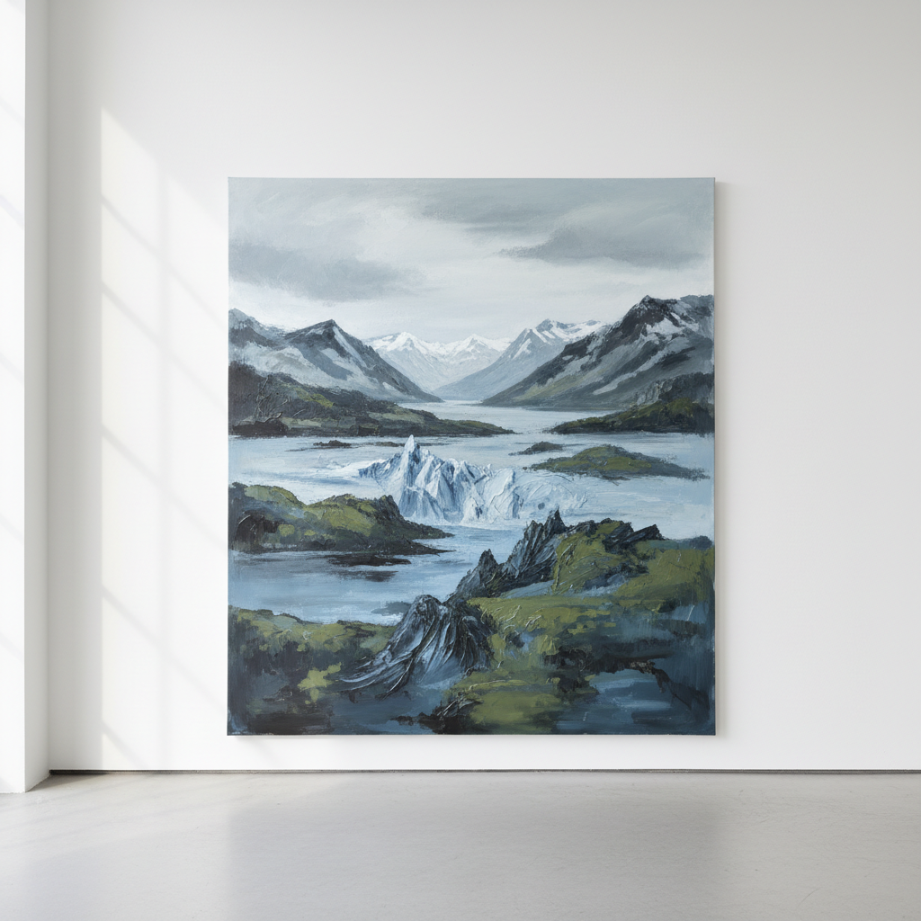 A single large-scale abstract painting inspired by Nordic landscapes, rendered on a slightly textured canvas leaning against a white gallery wall. The artwork features layered fields of desaturated blues, misty greys, and muted moss greens, with subtle impasto ridges catching the light, suggesting ice, fjords, and distant mountains. The painting stands on a pale concrete floor, with a narrow strip of dark baseboard grounding the scene. Soft, overcast daylight from a high side window grazes the surface, emphasizing the texture and creating a serene, introspective mood. Photographic realism from an eye-level, straight-on composition with generous negative space, minimalist and refined, perfect for a feature image about Nordic contemporary painting.